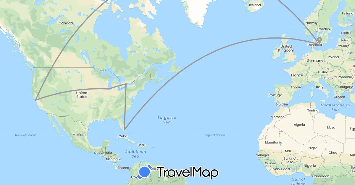 TravelMap itinerary: plane in Canada, Denmark, United States (Europe, North America)