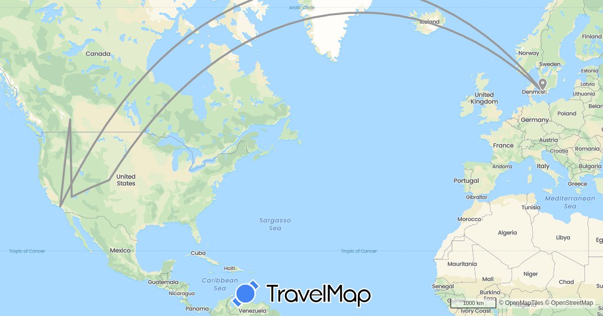 TravelMap itinerary: driving, plane in Canada, Denmark, United States (Europe, North America)