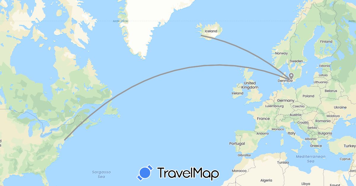 TravelMap itinerary: driving, plane in Denmark, Iceland, United States (Europe, North America)