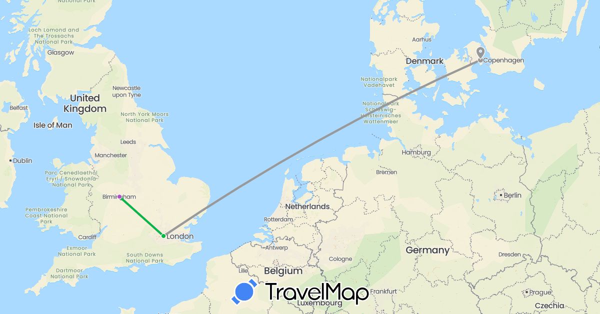 TravelMap itinerary: driving, bus, plane, train in Denmark, United Kingdom (Europe)