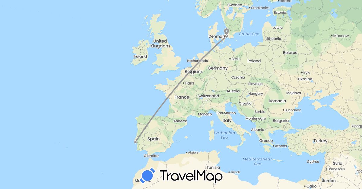 TravelMap itinerary: driving, plane in Denmark, Portugal (Europe)
