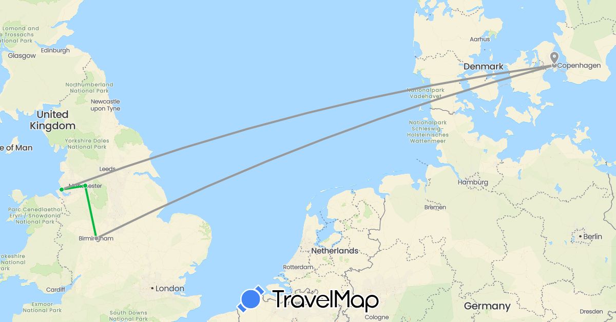 TravelMap itinerary: driving, bus, plane in Denmark, United Kingdom (Europe)