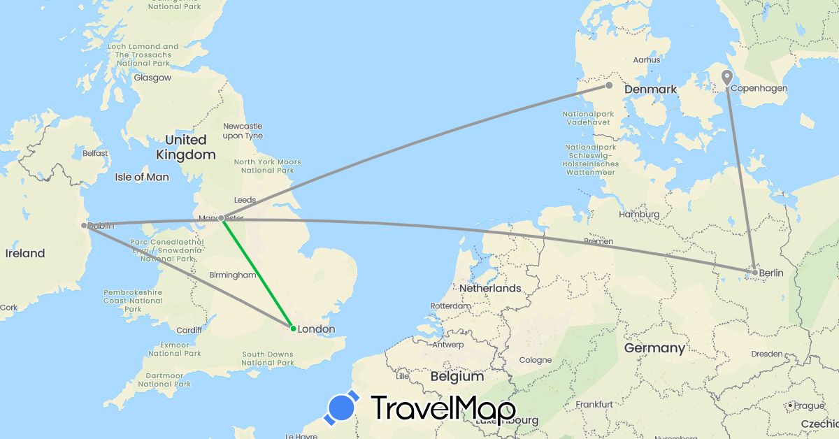 TravelMap itinerary: driving, bus, plane in Germany, Denmark, United Kingdom, Ireland (Europe)