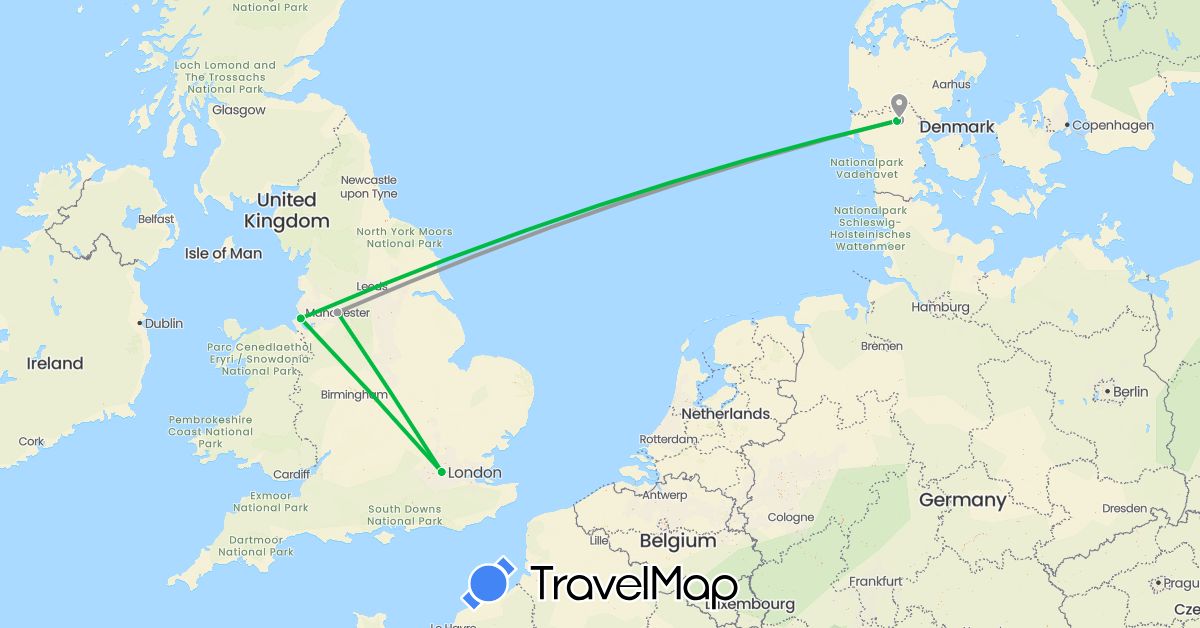 TravelMap itinerary: driving, bus, plane in Denmark, United Kingdom (Europe)