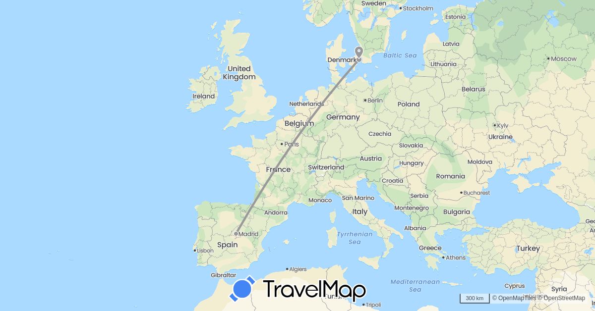 TravelMap itinerary: driving, plane in Denmark, Spain (Europe)