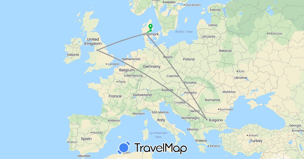 TravelMap itinerary: driving, bus, plane in Bulgaria, Denmark, United Kingdom (Europe)